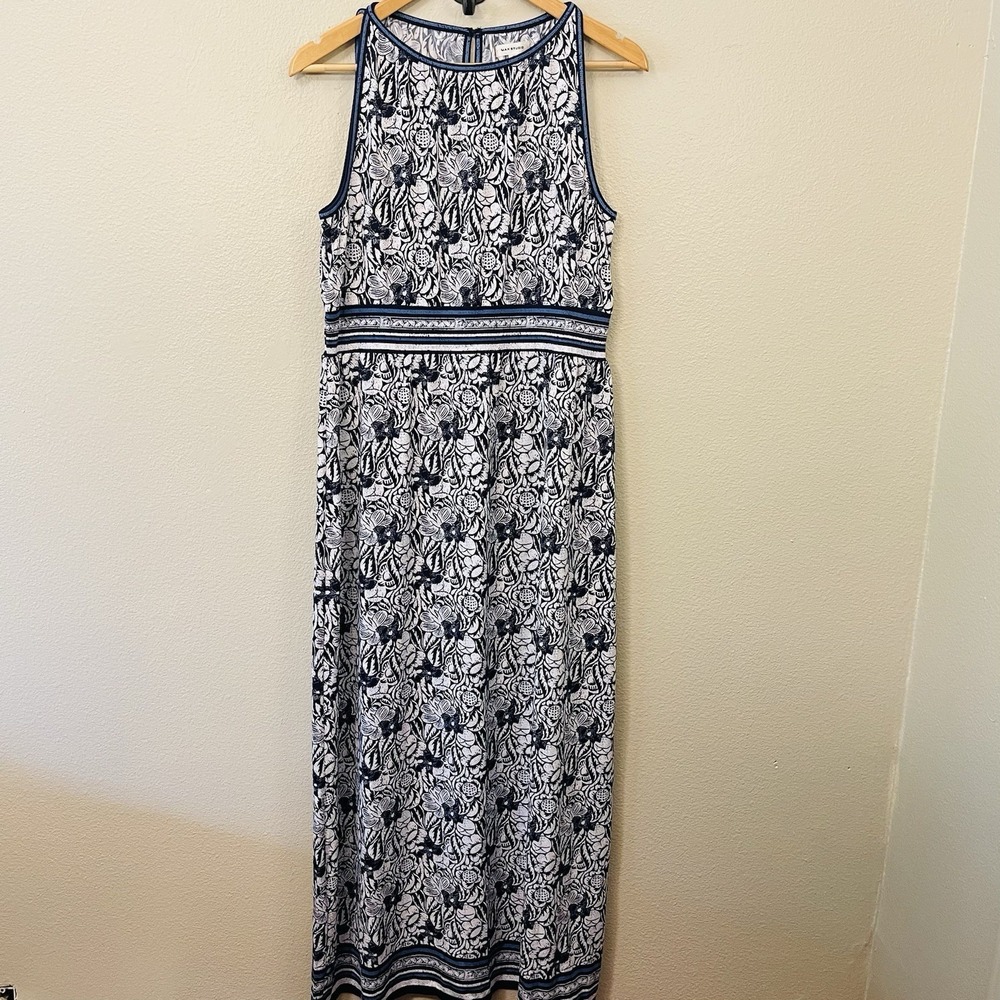 Max Studio Floral Maxi Dress Stretch Coastal Beach Vacation White Blue Size XL